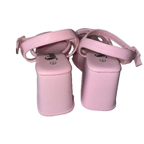 NEW 7 Pink‎ Strappy Ankle Strap Platform Wedge Sandals Open Toe Square Vegan - Picture 5 of 6